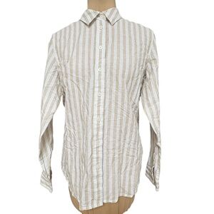top shirt J CREW white tan striped S linen cotton button up collar long sleeve